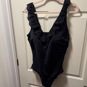 Lands' End Lace V-Neck Black One Piece Swimsuit